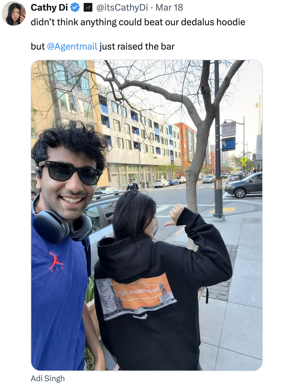 Cathy Di's post: "didn't think anything could beat our dedalus hoodie but AgentMail just raised the bar"